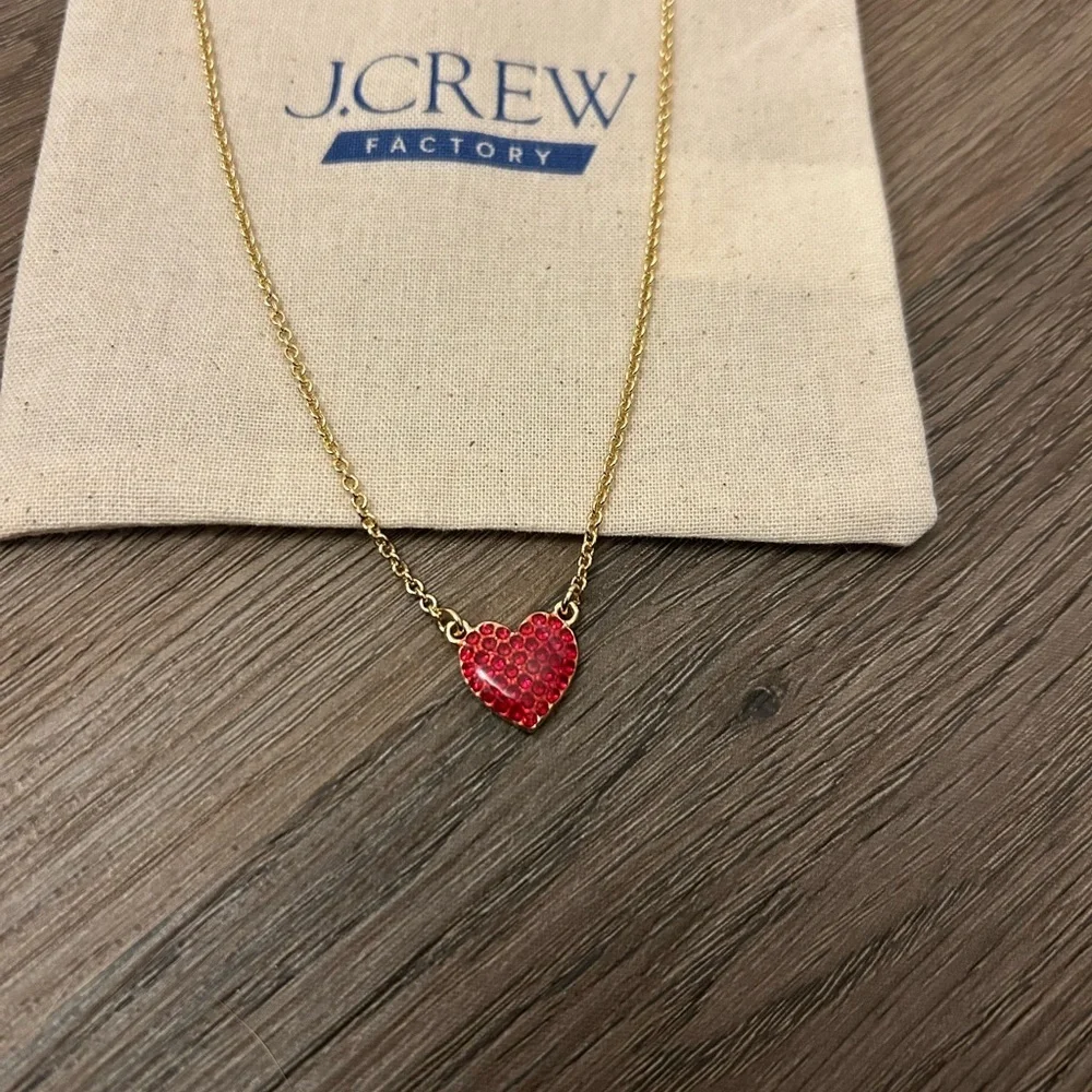 J. Crew Gold Necklace with Vibrant Rhinestone Red Heart NWT